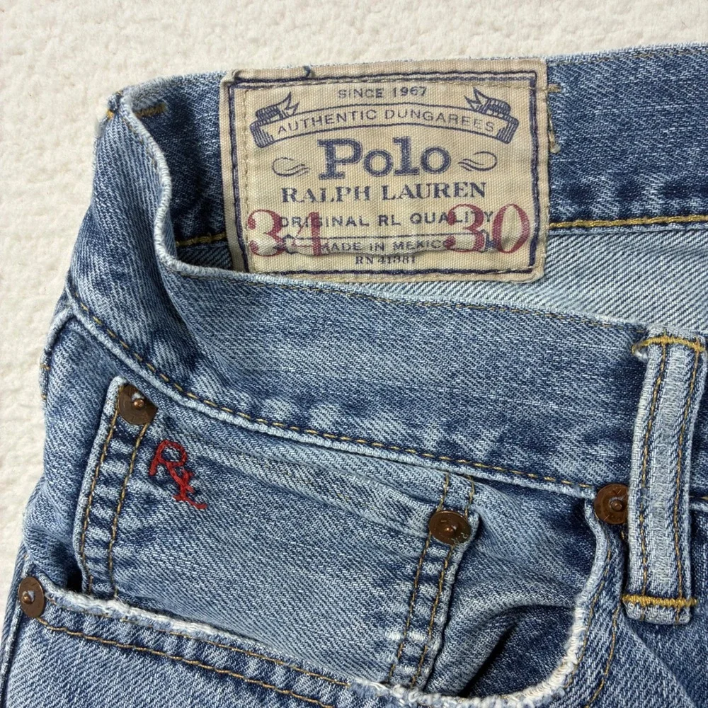 Polo Ralph Lauren Varick Slim Straight Jeans Men 34x30 Blue Distressed Whiskered